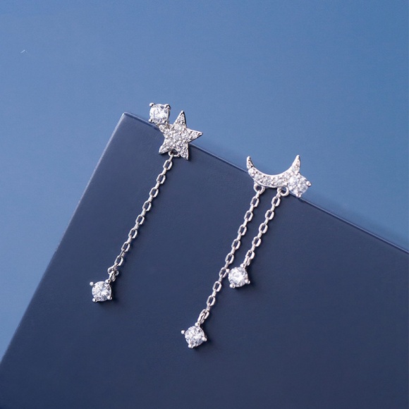 Asymmetry Moon Crescent Star Tassel Drop Stud Small Dangle Earrings - SS068 - Picture 1 of 8